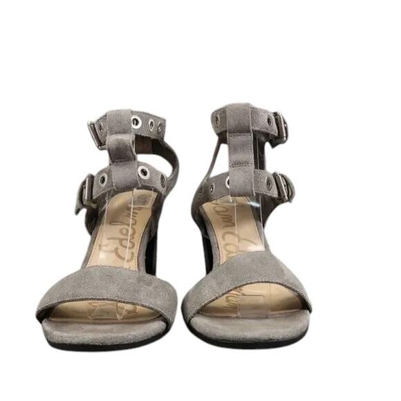 Sam Edelman Shoes Womens 6.5 Heeled Sandals Ankle Straps Leather Block Heel Grey - Picture 3 of 15